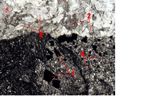Карбонат-полевошпат-кварцевый прожилок с хлоритом в пиритизированном метаалевролите